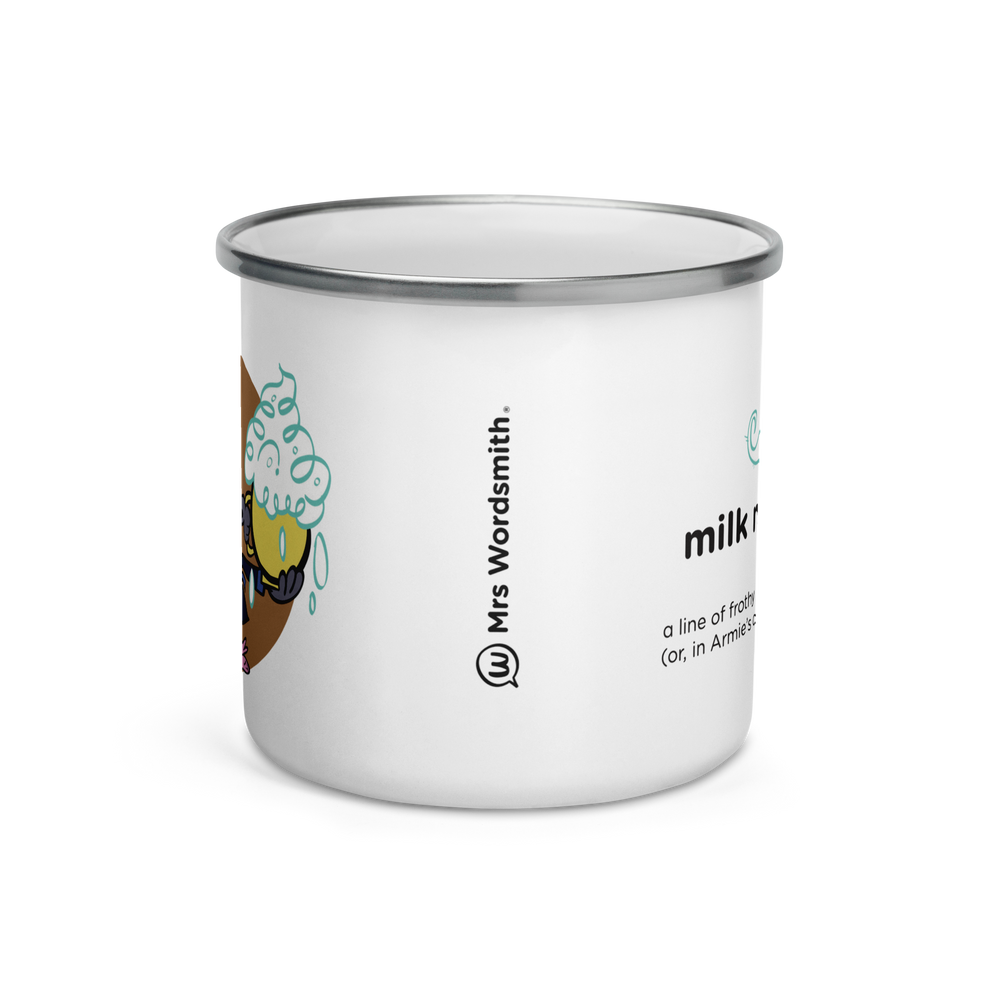White enamel mug, 12 oz, front view with text and design.
