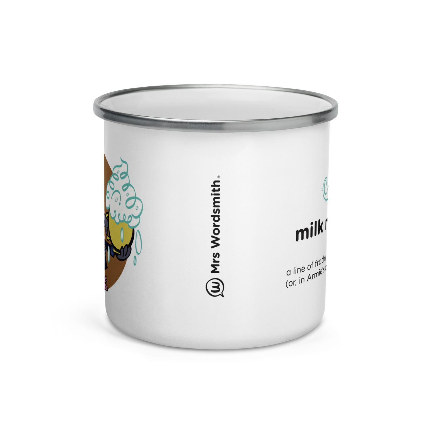 White enamel mug, 12 oz, front view with text and design.