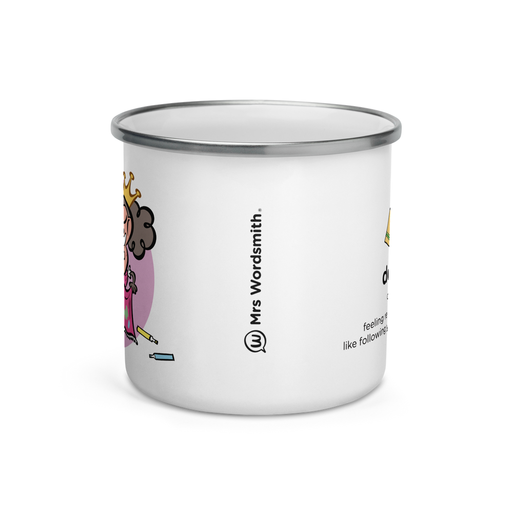 White 12oz enamel mug with Mrs. Wordsmith design