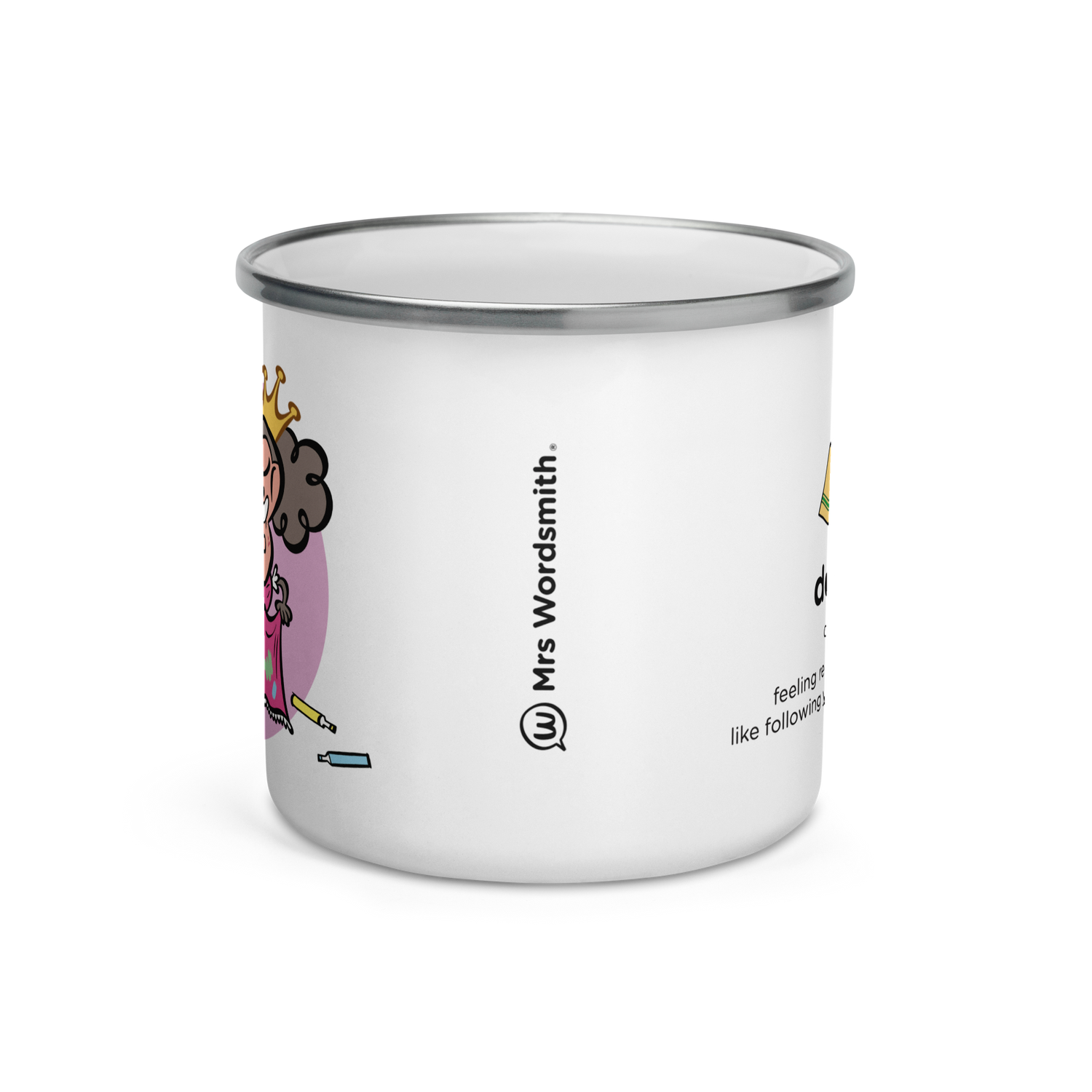 White 12oz enamel mug with Mrs. Wordsmith design