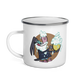White 12oz enamel mug with cartoon character