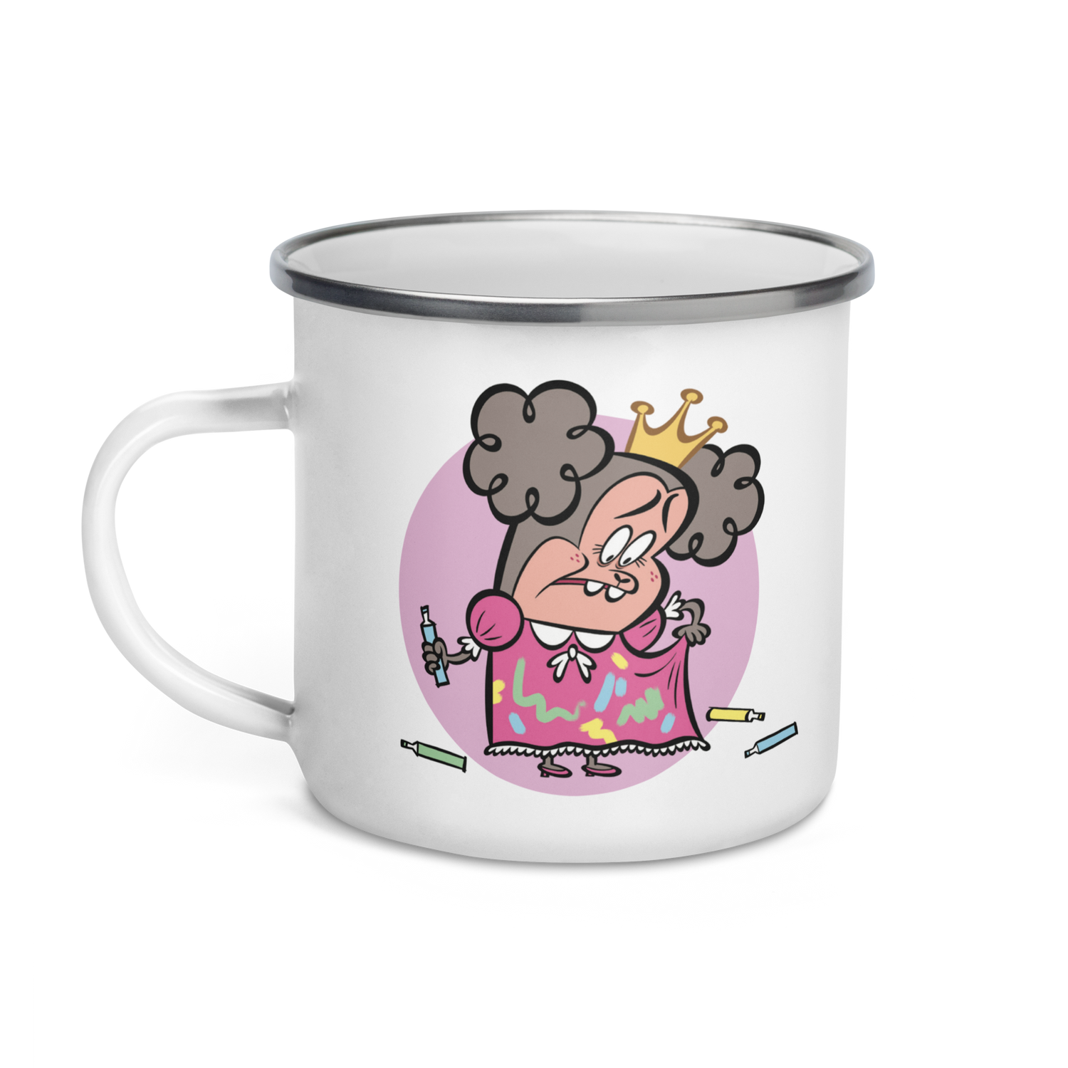 White enamel mug with princess cartoon, 12 oz.