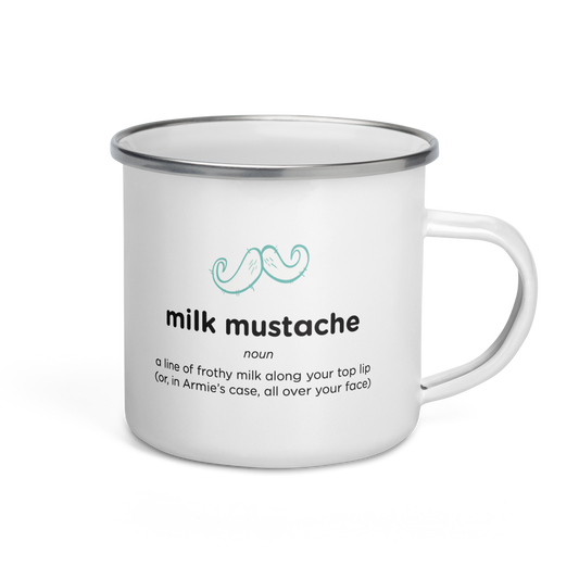 White enamel milk mustache mug