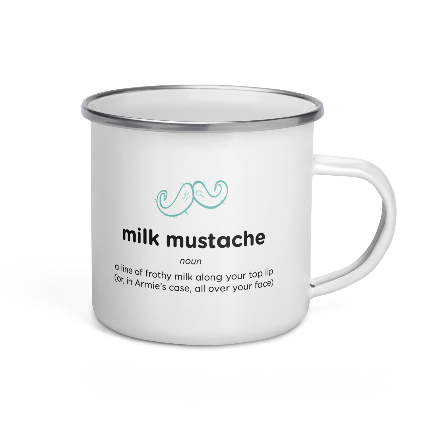 White enamel milk mustache mug