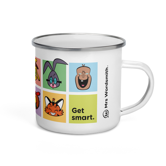 White 12oz enamel mug with cartoon characters, Get smart.