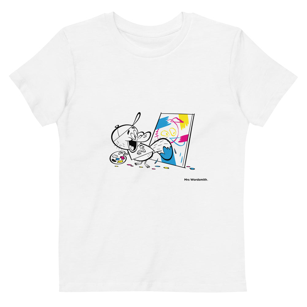 White organic cotton kids t-shirt with artist graphic