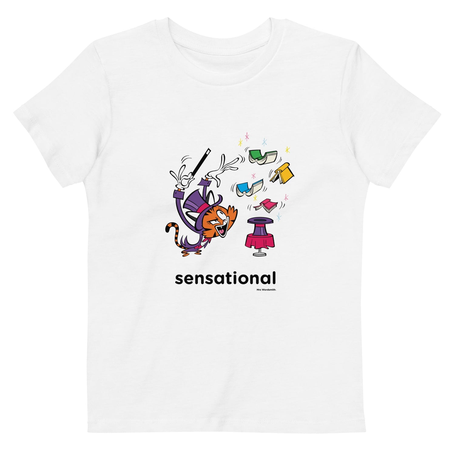 White organic cotton kids t-shirt with a sensational cartoon graphic