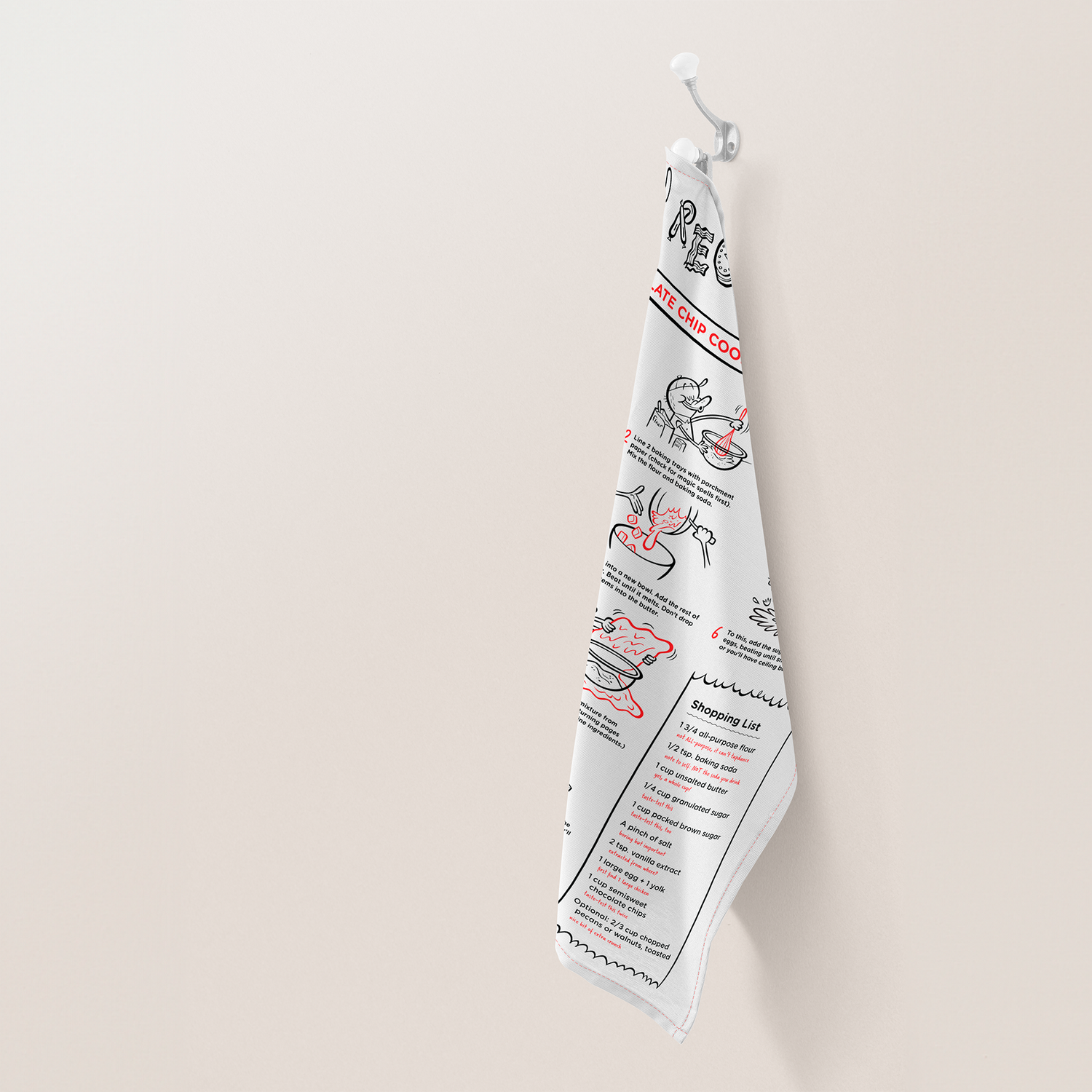 Recipe tea towel mock-up hanging on wall