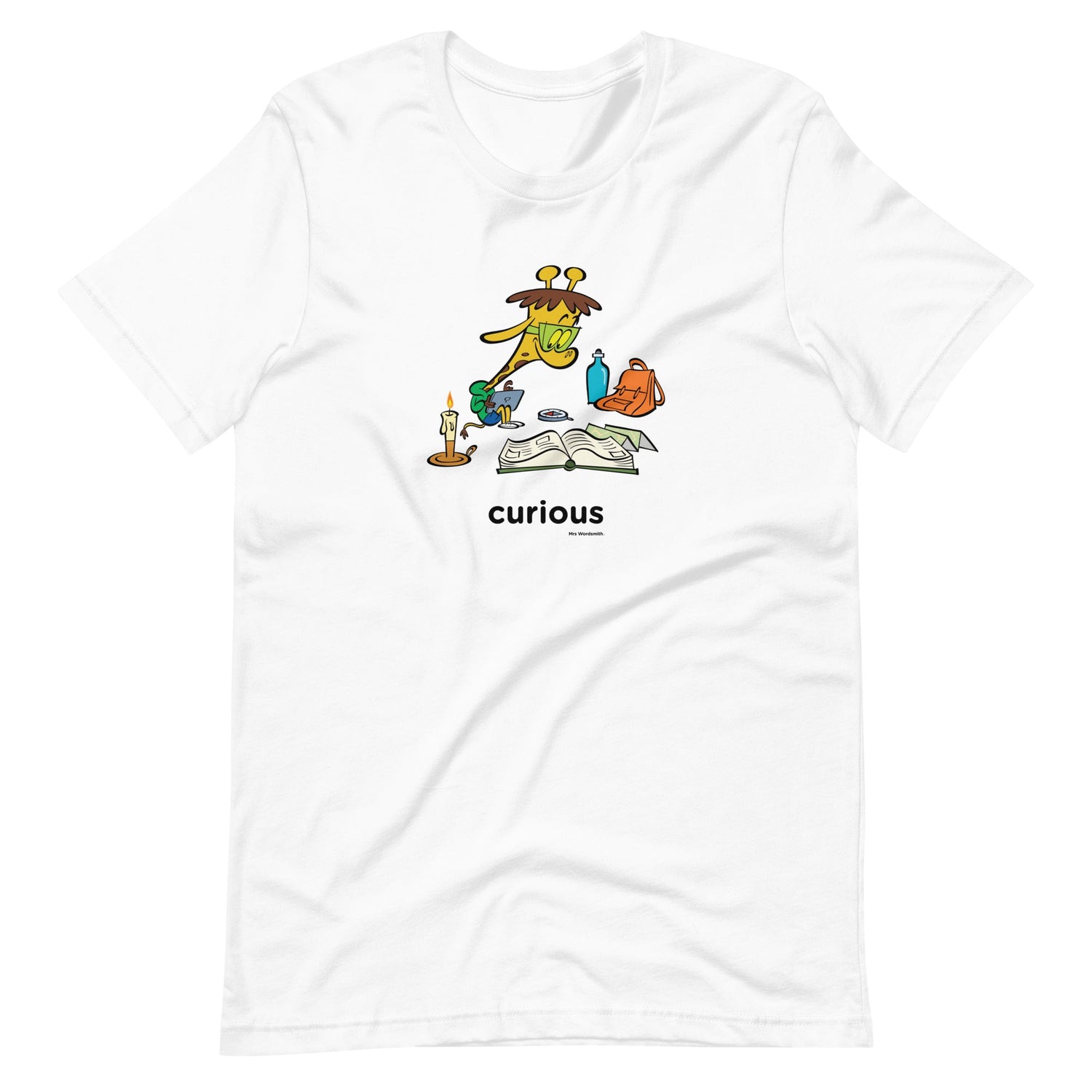 White unisex t-shirt with curious giraffe graphic