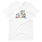White unisex t-shirt with colorful cartoon art