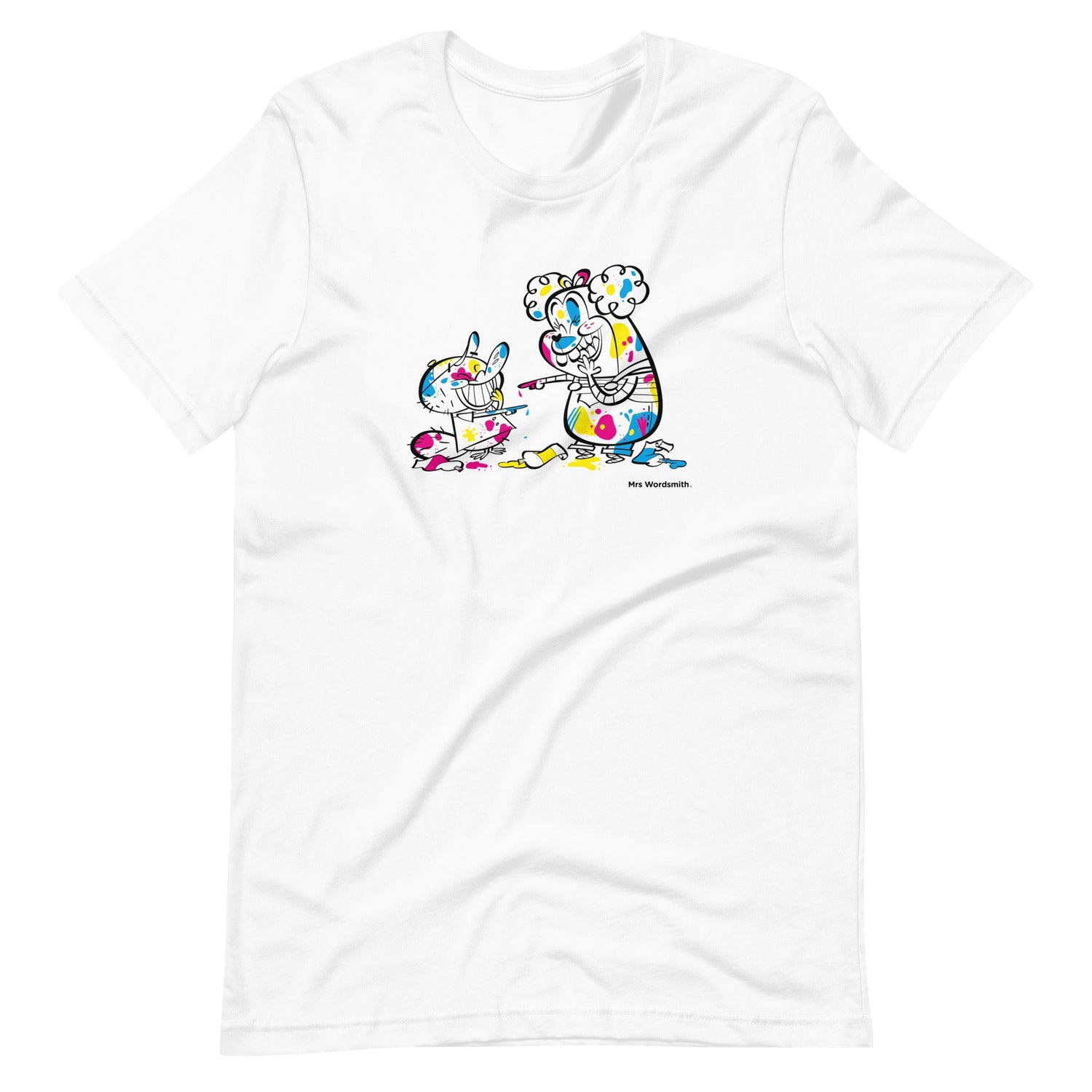White unisex t-shirt with colorful cartoon art