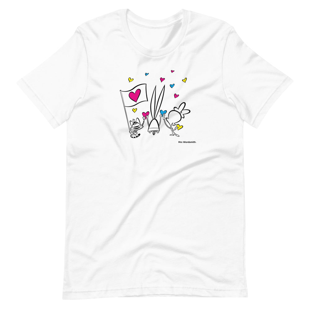 White unisex t-shirt with heart graphic
