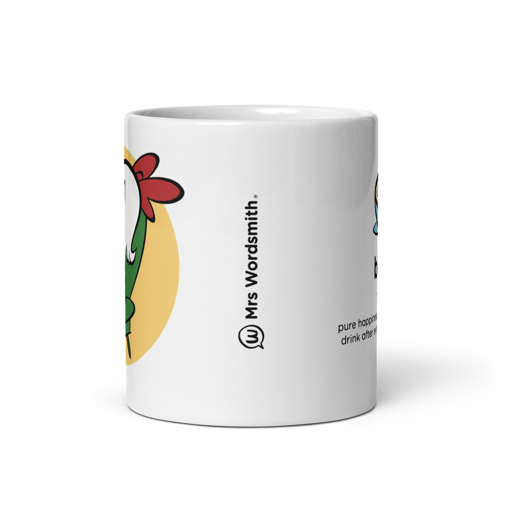 White glossy 11oz mug with cartoon illustration