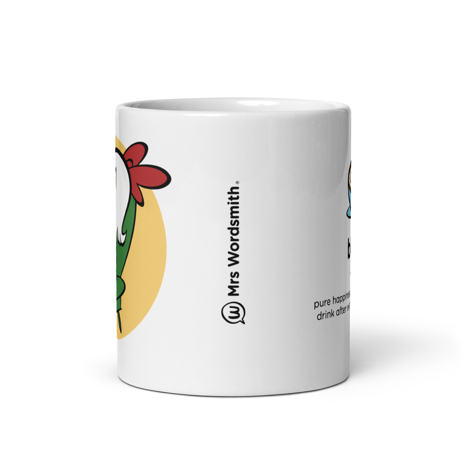 White glossy 11oz mug with cartoon illustration