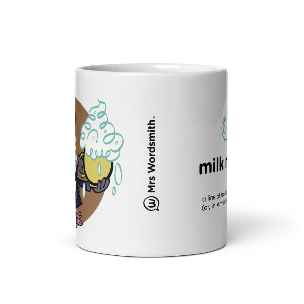 White glossy 11oz mug with cartoon design, front view.