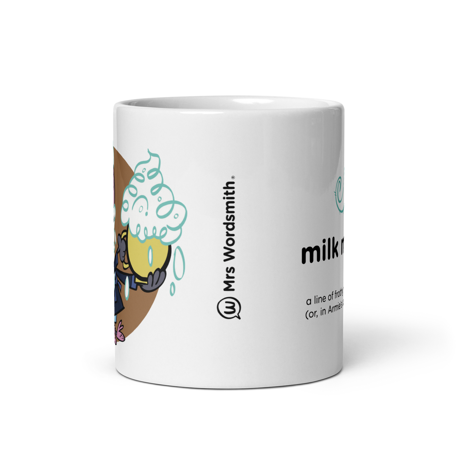 White glossy 11oz mug with cartoon design, front view.