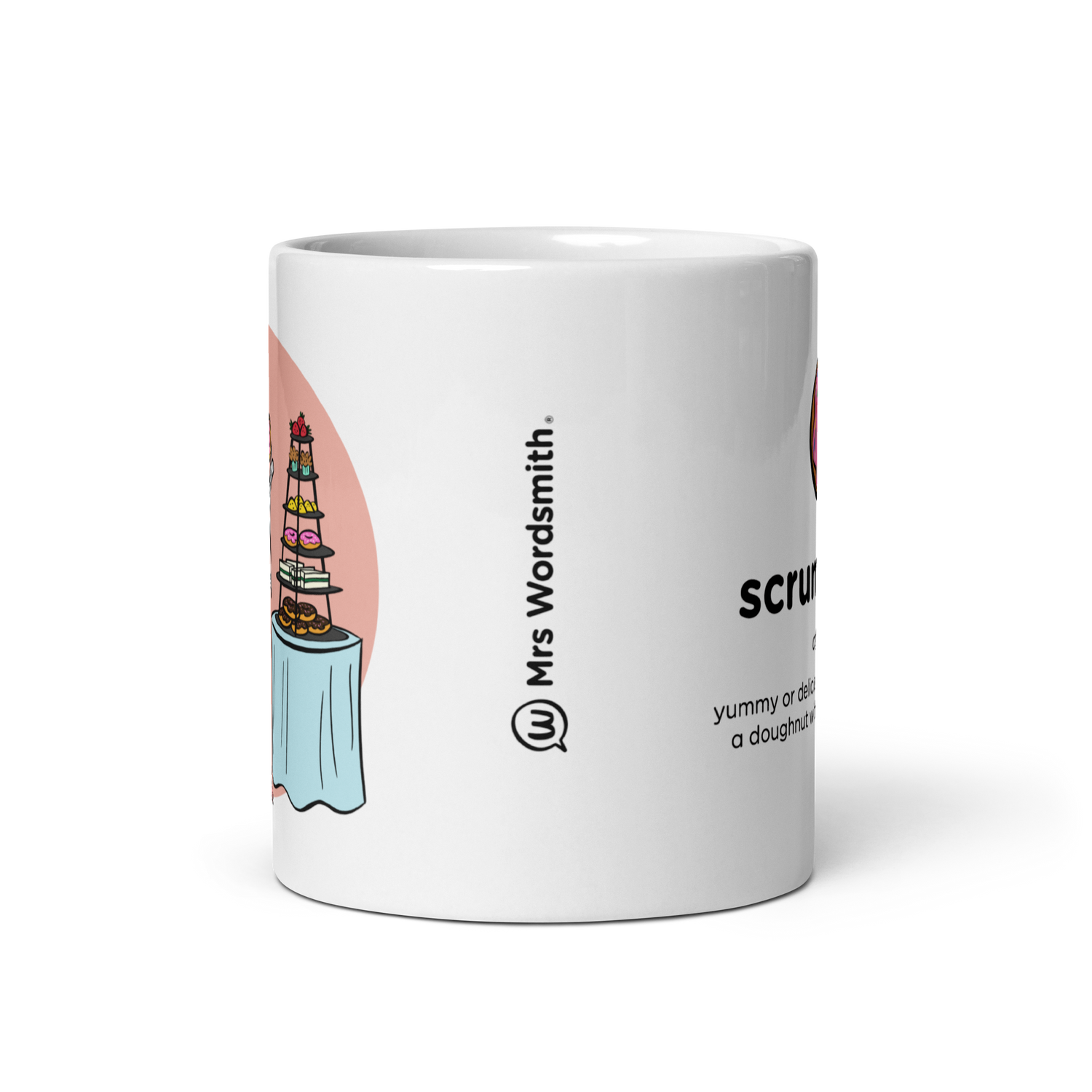 White glossy 11oz mug with Mrs. Wordsmith design, front view.