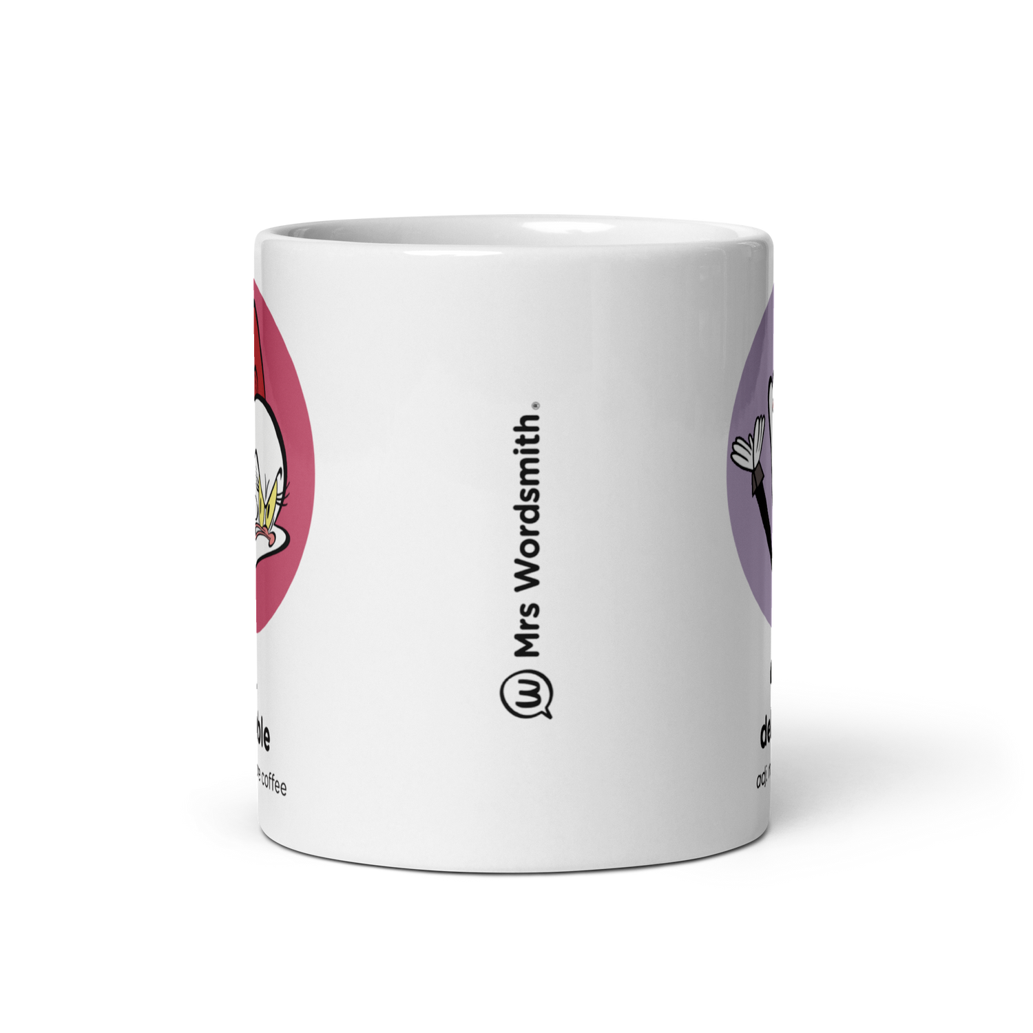 White glossy 11oz mug with cartoon design, front view.