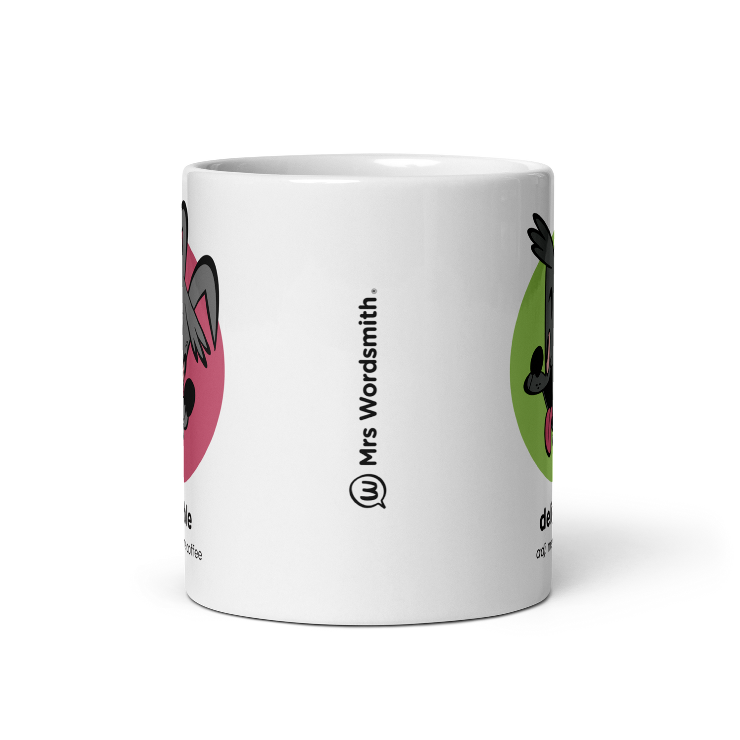 White glossy 11oz mug with cartoon design - front view