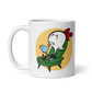 White glossy 11oz mug with cartoon character, handle left.