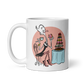 White glossy 11oz mug with cartoon lady eating donuts.