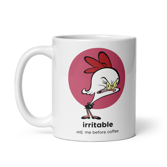 White glossy mug with Irritable cartoon design, 11 oz, handle on left.
