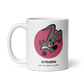 White glossy mug with irritable cartoon design, handle on left