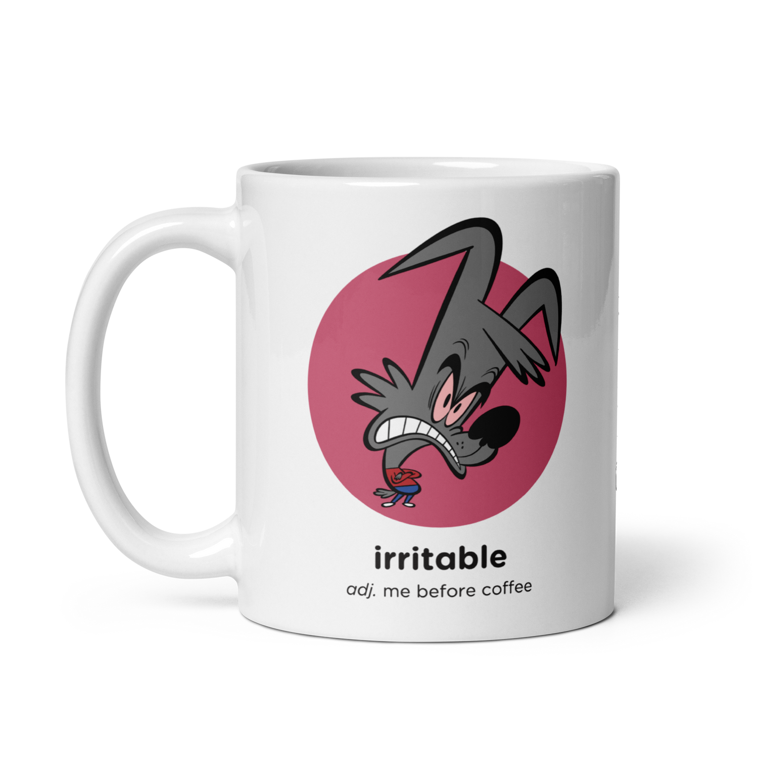 White glossy mug with irritable cartoon design, handle on left